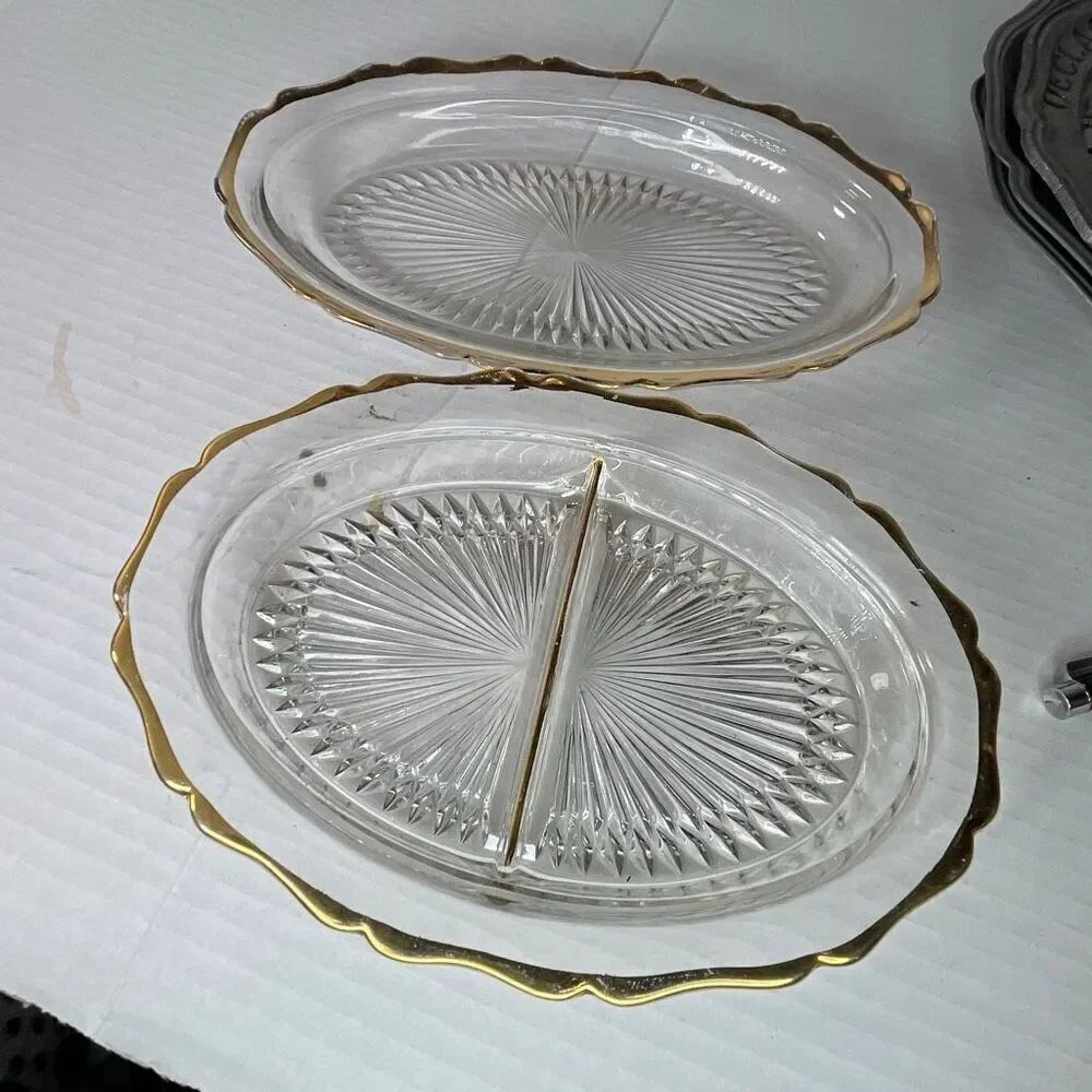 Lot of 2 Midcentury starburst pattern gold trimmed relish dishes